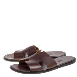 Hermes Brown Leather Izmir Flat Slides Size 42.5