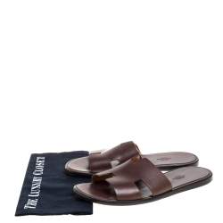 Hermes Brown Leather Izmir Flat Slides Size 42.5