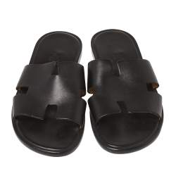 Pre Owned Hermes Black Leather Izmir Slide Sandals Size 42