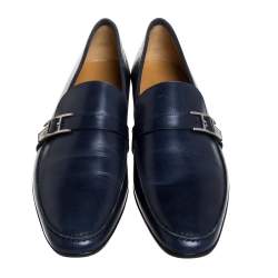 Pre Owned Hermes Navy Blue Leather Dan Loafers Size 43.5