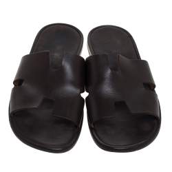 Hermes Dark Brown Leather Izmir Slide Sandals Size 43