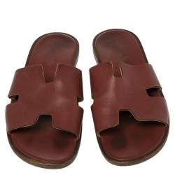 Hermes Burgundy Leather Izmir Slides Sandals Size 43
