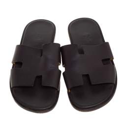 مملوكة مسبقًا Hermes Dark Brown Leather Izmir Flat Sandals Size 40.5