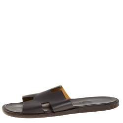 مملوكة مسبقًا Hermes Dark Brown Leather Izmir Flat Sandals Size 40.5
