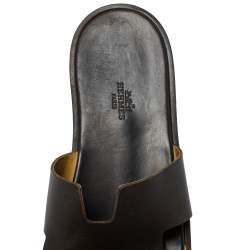 Hermes Dark Brown Leather Izmir Flat Slides Size 43.5