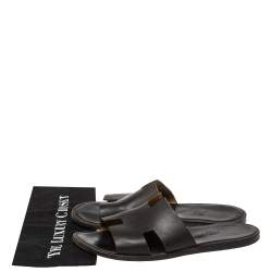 Hermes Dark Brown Leather Izmir Flat Slides Size 43.5