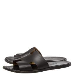 Hermes Dark Brown Leather Izmir Flat Slides Size 43.5