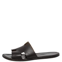 Hermes Dark Brown Leather Izmir Flat Slides Size 43.5