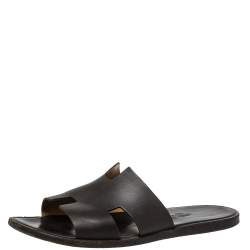 Hermes Dark Brown Leather Izmir Flat Slides Size 43.5