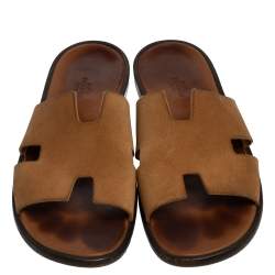 Hermes Brown Suede Izmir Flat Slides Size 43.5