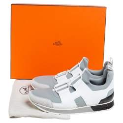 Hermes Grey/White Leather And Fabric Player Sneakers Size 42