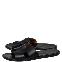 Pre Owned Hermes Black Leather Izmir Slide Sandal Size 42.5