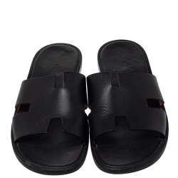 Pre Owned Hermes Black Leather Izmir Slide Sandal Size 42.5