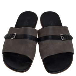 Hermes Grey/Black Suede And Leather Slide Sandals Size 41 