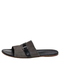 Hermes Grey/Black Suede And Leather Slide Sandals Size 41 