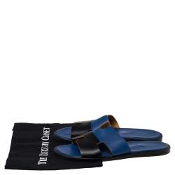 Hermes Blue/Black Textured Izmir Sandals Size 41