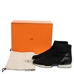 Hermes Black Knit Fabric And Leather Soft High Top Sneakers Size 43.5
