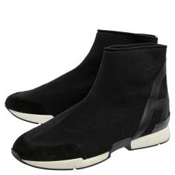 Hermes Black Knit Fabric And Leather Soft High Top Sneakers Size 43.5