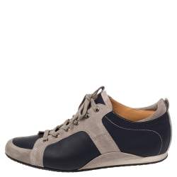 Hermes Navy Blue/Grey Leather and Suede Lace Up Sneakers Size 43