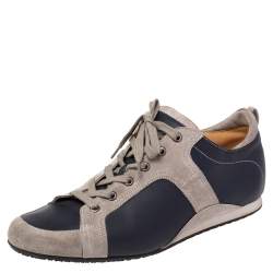 Hermes Navy Blue/Grey Leather and Suede Lace Up Sneakers Size 43