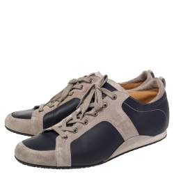 Hermes Navy Blue/Grey Leather and Suede Lace Up Sneakers Size 43