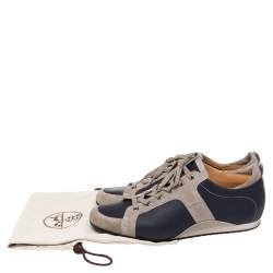 Hermes Navy Blue/Grey Leather and Suede Lace Up Sneakers Size 43