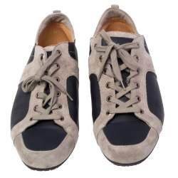 Hermes Navy Blue/Grey Leather and Suede Lace Up Sneakers Size 43