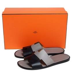 Pre Owned Hermes Grey/Black Leather Izmir Sandals Size 43