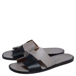 Pre Owned Hermes Grey/Black Leather Izmir Sandals Size 43