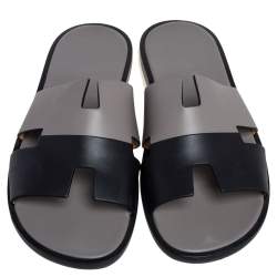 Pre Owned Hermes Grey/Black Leather Izmir Sandals Size 43