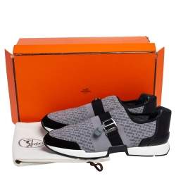 Hermes Grey/Black Fabric and Leather Run Sneakers Size 42.5