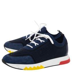 Hermes Blue/Black Knit Fabric And Suede Addict Low Top Sneakers Size 42