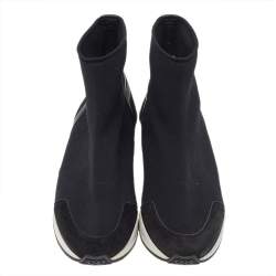 Hermes Black Knit Fabric And Leather Soft High Top Sneakers Size 40