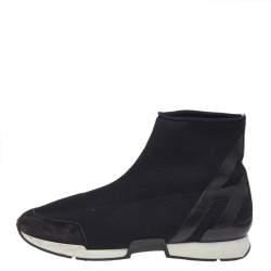 Hermes Black Knit Fabric And Leather Soft High Top Sneakers Size 40