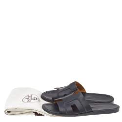 Hermes Black Leather Izmir Flat Slide Sandals Size 42