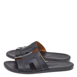 Hermes Black Leather Izmir Flat Slide Sandals Size 42