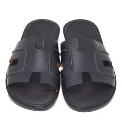 Hermes Black Leather Izmir Flat Slide Sandals Size 42