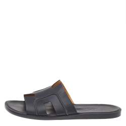 Hermes Black Leather Izmir Flat Slide Sandals Size 42