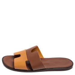 Hermes Two Tone Brown Leather Izmir Flat Slides Size 42