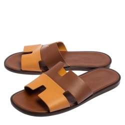 Hermes Two Tone Brown Leather Izmir Flat Slides Size 42