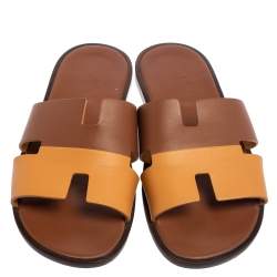 Hermes Two Tone Brown Leather Izmir Flat Slides Size 42