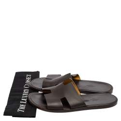Hermes Dark Brown Leather Izmir Slide Sandals Size 43.5
