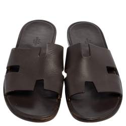 Hermes Dark Brown Leather Izmir Slide Sandals Size 43.5