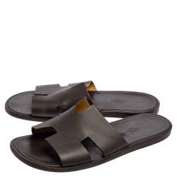 Hermes Dark Brown Leather Izmir Slide Sandals Size 43.5