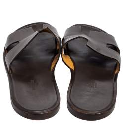 Hermes Dark Brown Leather Izmir Slide Sandals Size 43.5