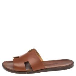 Hermes Brown Leather Izmir Flat Slides Size 43