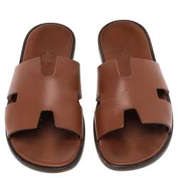 Hermes Brown Leather Izmir Flat Slides Size 43