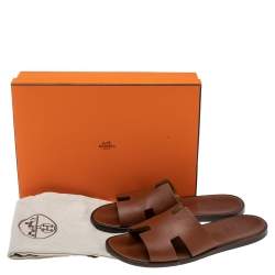 Hermes Brown Leather Izmir Flat Slides Size 43