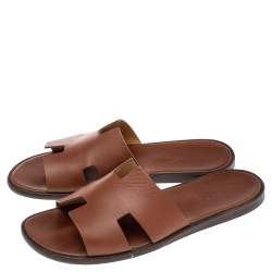 Hermes Brown Leather Izmir Flat Slides Size 43