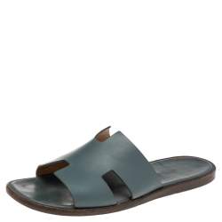 Hermes Blue Leather Izmir Flat Slides Size 43